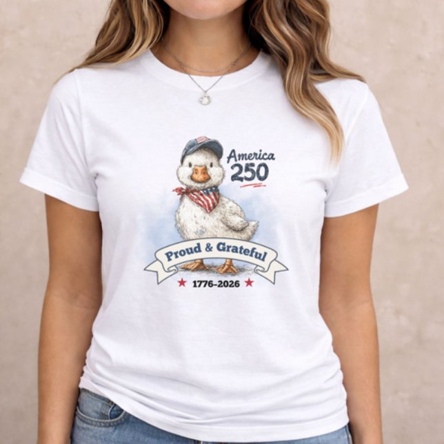 Camiseta 4th of July Patriotic Animal (patriotic women t-shirt with America 250 duck illustration and Proud and Grateful text)