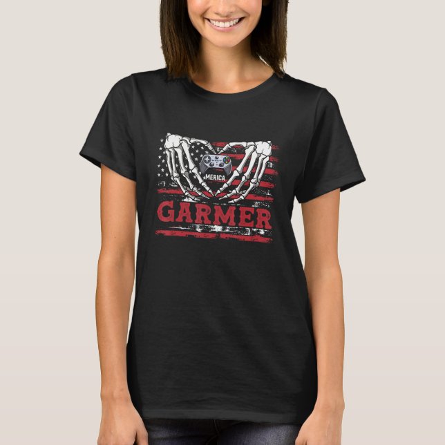 Camiseta 4th Of July Skeleton Video Game Gamer American Fla (Frente)
