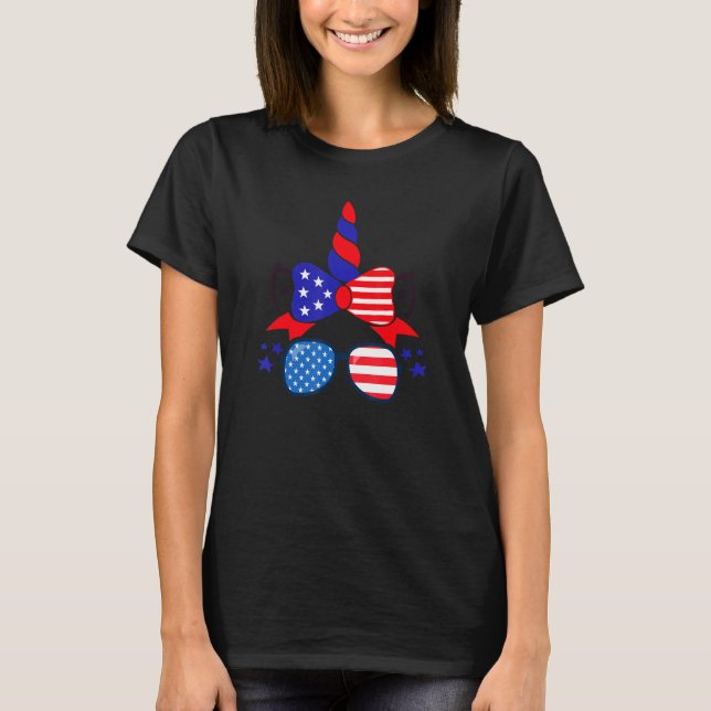 Camiseta 4th Of July Unicorn US Flag Patriotic Women Girls  (Frente)