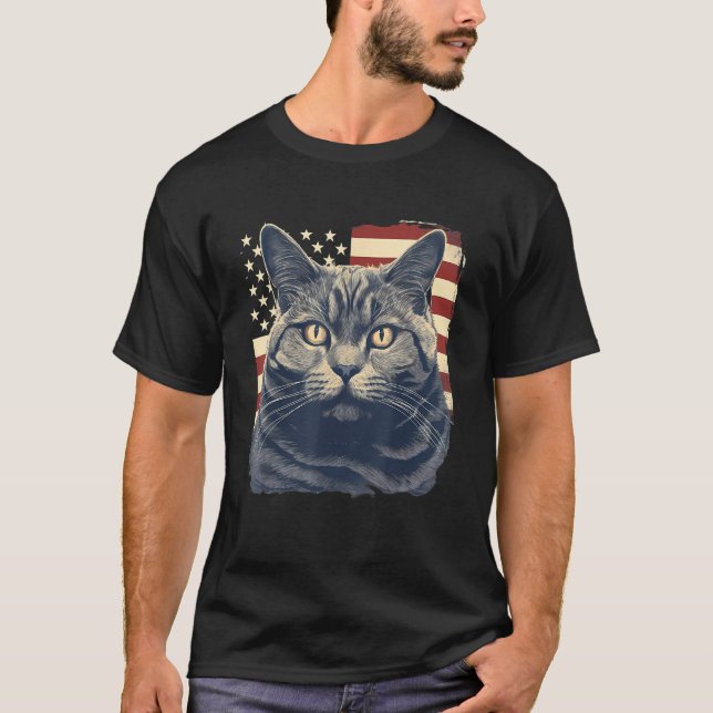 Camiseta 4th Of July US Flag Chartreux Cat (Frente)