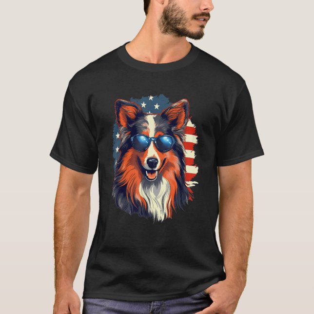 Camiseta 4th Of July US Flag Shetland Sheepdog (Frente)