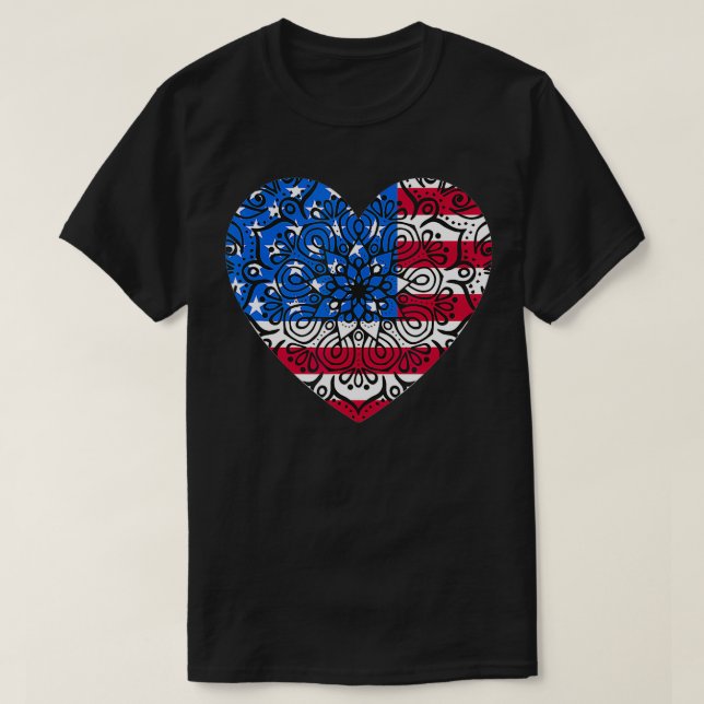 Camiseta 4th of July Women Girls Kids Mandala American Hear (Frente do Design)