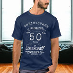 Camiseta 50º aniversário Adicionar nome Legenda Azul Legend<br><div class="desc">Para aqueles que celebram o seu aniversário temos a camiseta de festa de aniversário ideal com um sentimento vintage. O fundo azul com uma design de tipografia branca vintage é simples e, no entanto, elegante com uma sensação retrorreflectora. Personalize facilmente o texto usando o modelo fornecido. Veja na loja para...</div>