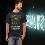 Camiseta 50º aniversário Adicione seu nome Nascer 1973 Lege<br><div class="desc">50º nascer de aniversário em 1973 Adicione seu nome Tshirt. Edite o nome e o ano com o modelo fornecido. Uma camiseta de aniversário preta e personalizada. Mais presentes e suprimentos de festas disponíveis com o design "Legendário" na loja.</div>