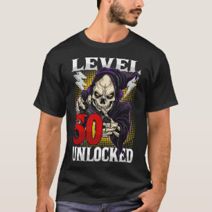 Camiseta 50º Aniversário Gamer Skeleton Nível 50 Gam Desblo
