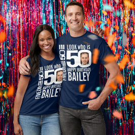 Camiseta 50º aniversário mono aparência 50 fotos e nome per