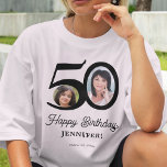 Camiseta 50º nome da foto de aniversário personalizado<br><div class="desc">Trendy bold typografia 50 anos de aniversário de mulheres divertida modelo de camiseta-luz personalizada com 2 fotos e moderno roteiro preto. Fácil de personalizar com texto e imagens.</div>