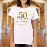 Camiseta 50 e Fabuloso Aniversário Elegante Dourado e Negro<br><div class="desc">Esta tipografia de guião preto e dourado,  50 e fabulosas estrelas douradas,  camiseta de aniversário confetti,  podem ser personalizadas com os detalhes da sua celebração de aniversário. Projetado por Thisnotme©</div>