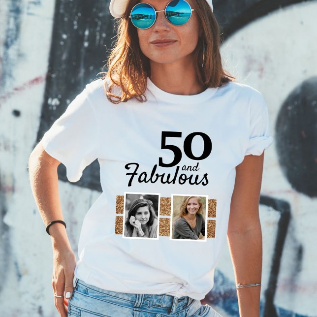 Camiseta 50 e Fabuloso Dourado Glitter 2 Foto 50º Aniversár (Criador carregado)