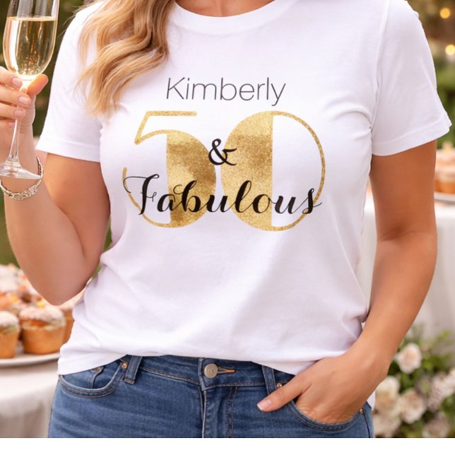 Camiseta 50 e Fabuloso Ouro Festa de Aniversário Personaliz (Criador carregado)