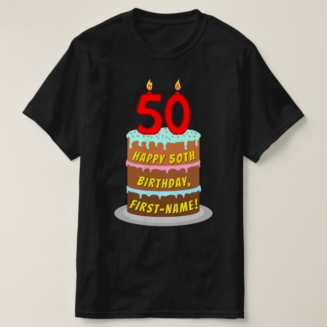 Camiseta 50.o aniversário — Bolo e Velas Divertidas, com no (Frente do Design)