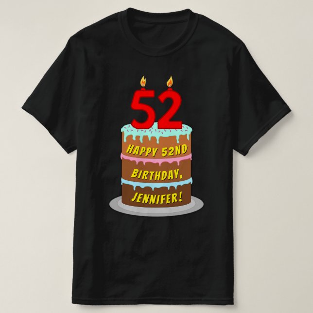 Camiseta 52º aniversário — Bolo e Velas Divertidas, com nom (Frente do Design)