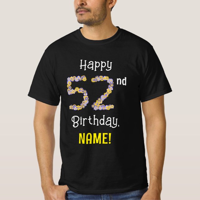 Camiseta 52.o Aniversário: Flores Número "52" + Nome (Frente)