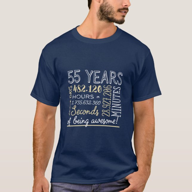 Camiseta 55.º aniversário - 55 anos em horas preto e Dourad (Frente)