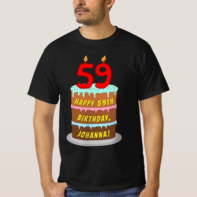 Camiseta 59º aniversário — Bolo e Velas Divertidas, com nom (Frente)