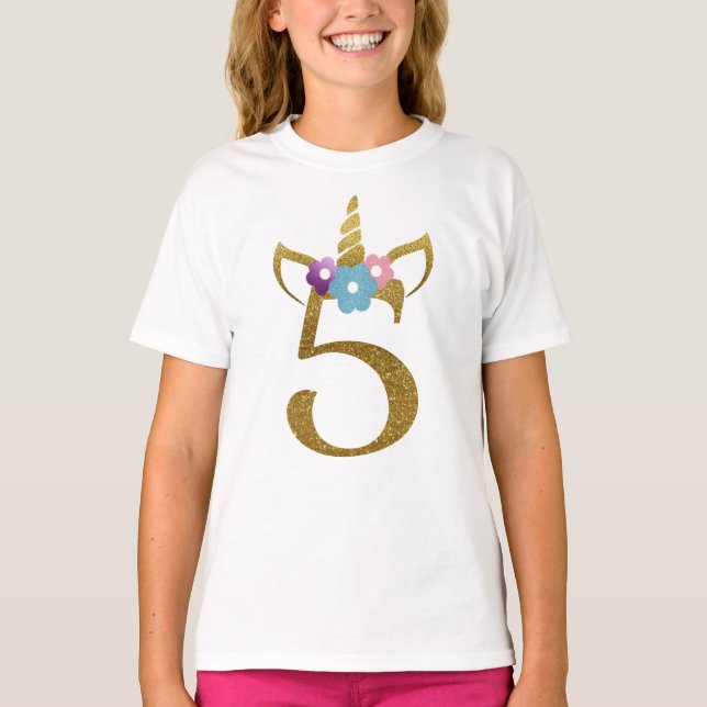 Camiseta 5 anos de menina idosa do aniversário do unicórnio (Frente)