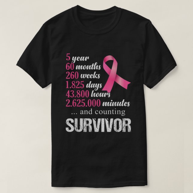 Camiseta 5 anos Sobrevivência Cancer Mama Sensibilização Ro (Frente do Design)