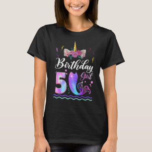 Camiseta 5 Birthday Girl Unicorn Sereia Tail 5 Anos
