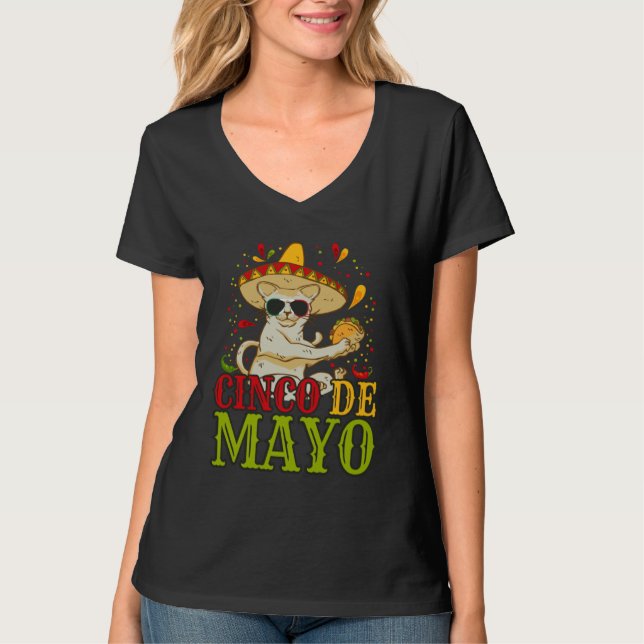 Camiseta 5 Cinco De Mayo  Cat With Mexican Hat And Taco (Frente)
