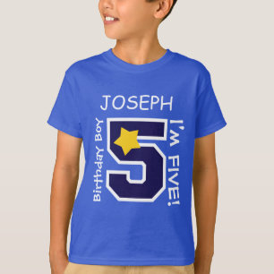 Camiseta 5o AZUL do menino do aniversário um nome feito so