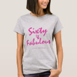 Camiseta 60 Fabuloso Neon Pink Name 60th Birthday Gift<br><div class="desc">Comemore a fazer 60 anos de estilo com esta camiseta moderna, preta e rosa, do 60º aniversário, com o texto sessenta e fabuloso em néon rosa elegante. Basta adicionar seu nome a essa camiseta de comemoração de 60 anos. Presente perfeito de aniversário para um moderno, na moda e elegante de...</div>