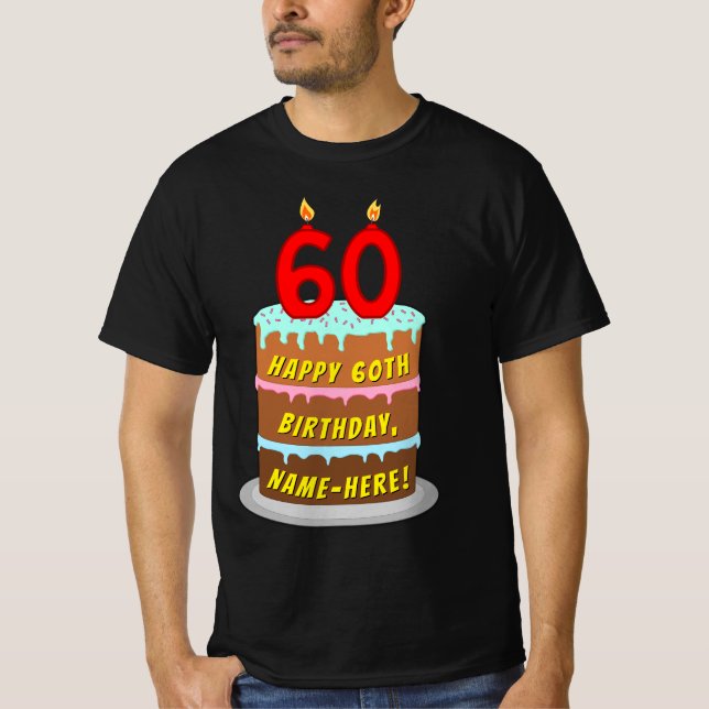 Camiseta 60.o aniversário — Bolo e Velas Divertidas, com no (Frente)