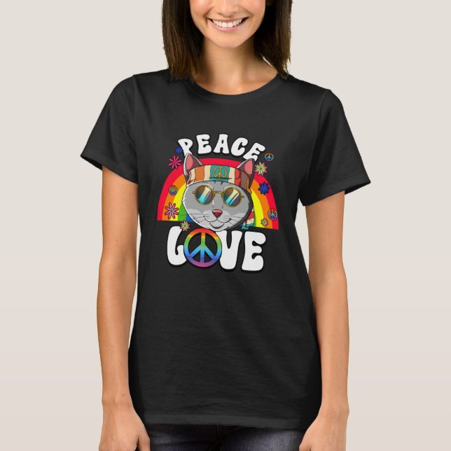 Camiseta 60s 70s Costume Peace Love Hippie Cat (Frente)