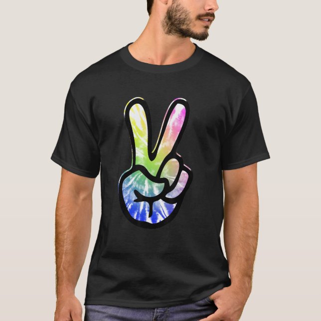 Camiseta 60s 70s Tie Dye Peace Hand Sign   Hippie 1 (Frente)