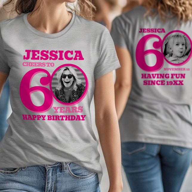 Camiseta 60th Birthday doubled sided photo name pink text (Criador carregado)
