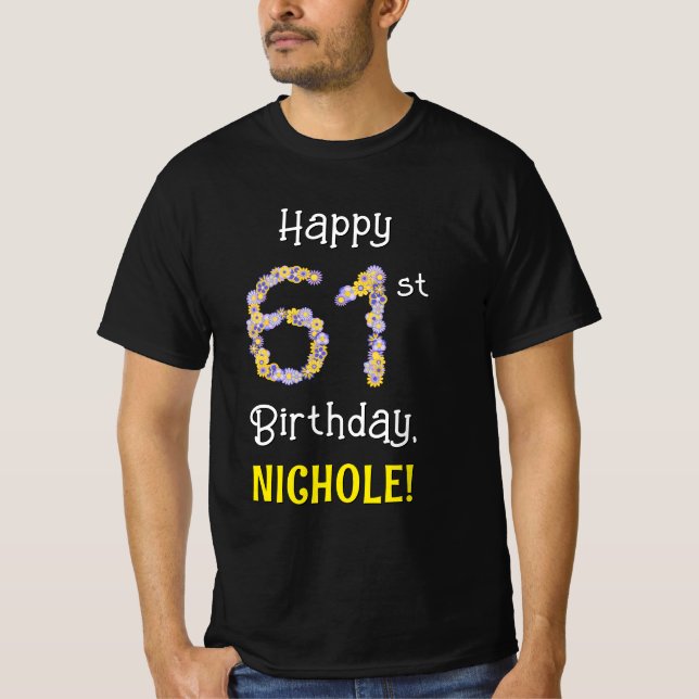 Camiseta 611 Aniversário: Flores Número "61" + Nome (Frente)