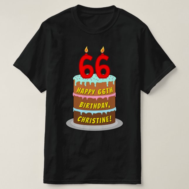 Camiseta 66.o aniversário — Bolo e Velas Divertidas, com no (Frente do Design)