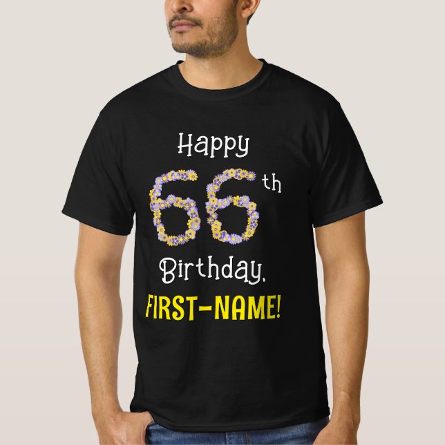 Camiseta 66.o aniversário: Flores Número "66" + Nome (Frente)