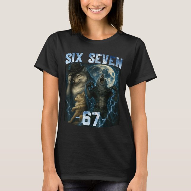 Camiseta 67 Alpha Wolf Meme Funny Graphic Tee Six Seven Hum (Frente)