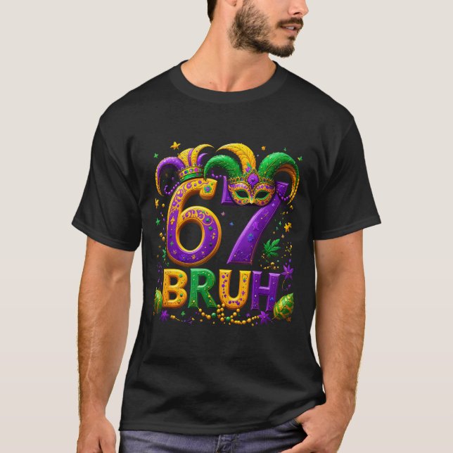 Camiseta 67 Bruh Jester Hat Feather Mask Mardi Gras Fleur D (Frente)
