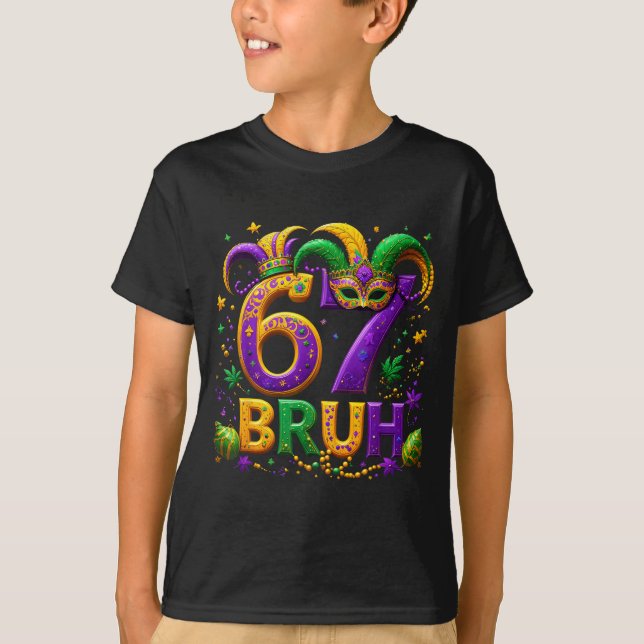 Camiseta 67 Bruh Jester Hat Feather Mask Mardi Gras Fleur D (Frente)