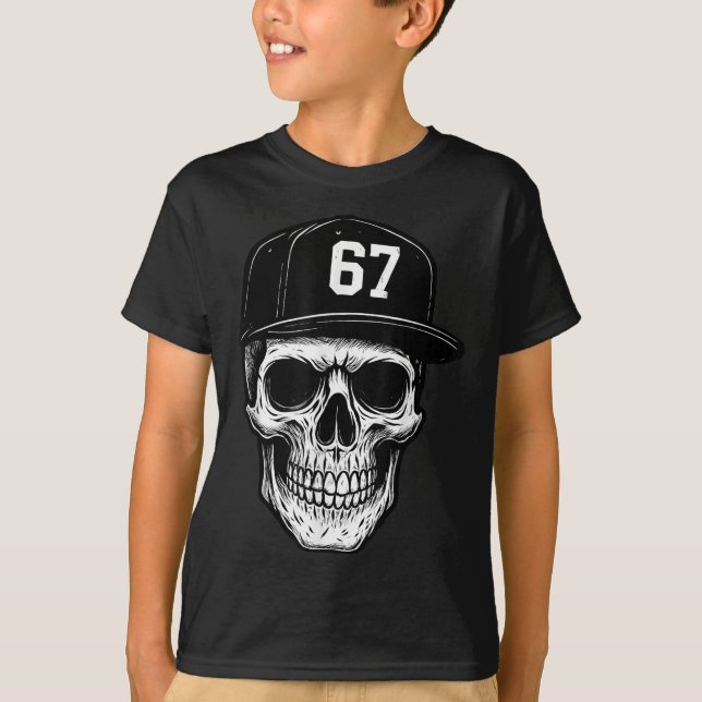 Camiseta 67 Crânio Halloween Brainrot Meme Seis Sete Crianç (Frente)