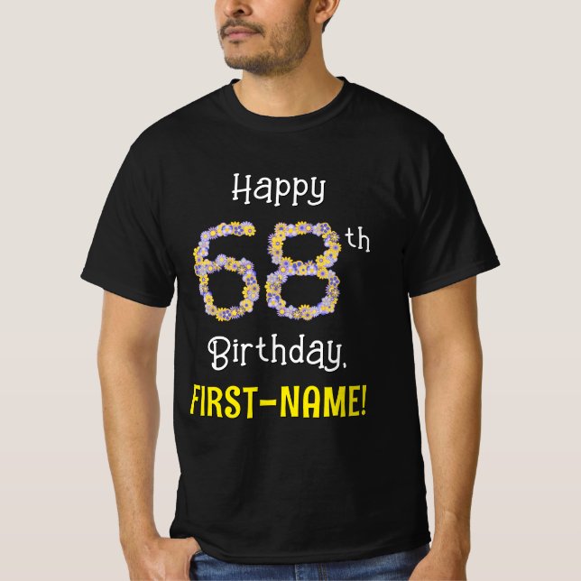 Camiseta 68.o aniversário: Flores Número "68" + Nome (Frente)