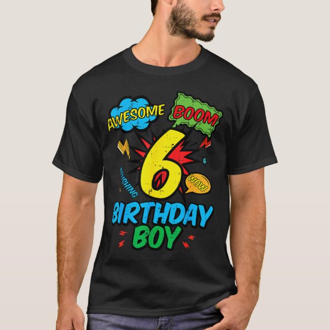 Camiseta 6 Birthday Boy Comic Cool 6th Bday Superhero Party (Frente)