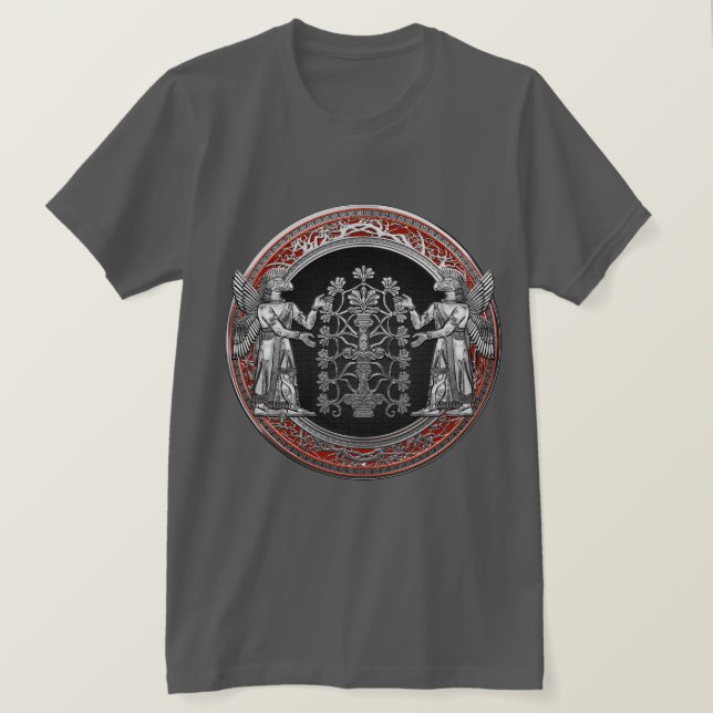Camiseta [700] Dois Ninurtas de prata com a árvore de vida (Frente do Design)