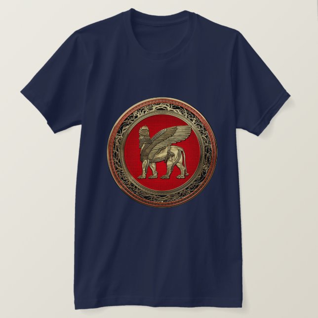 Camiseta [700] Leão voado Assyrian - Lamassu Dourado (Frente do Design)