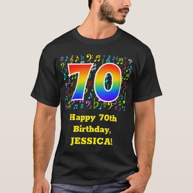 Camiseta 70 Aniversário: Símbolos Musicais Coloridos, Rainb (Frente)