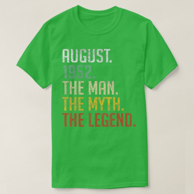 Camiseta 70 Anos Agosto De 1952 Man Myth Legend 70 Birt (Frente do Design)