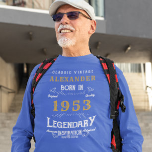Camiseta 70 Birthday 1953 Add Name Blue Dourado Legendary
