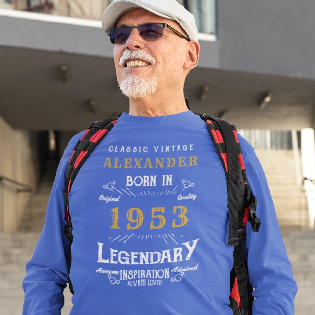 Camiseta 70 Birthday 1953 Add Name Blue Dourado Legendary (Criador carregado)