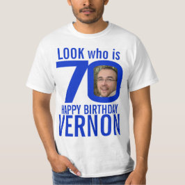 Camiseta 70 de aniversário com formato azul 70 foto persona