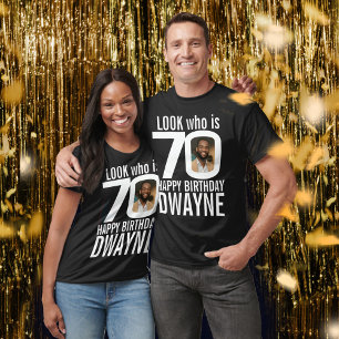 Camiseta 70 de aniversário, olhar preto branco com 70 fotos