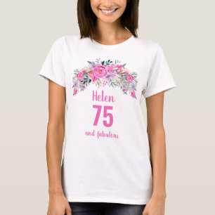 Camiseta 75.º aniversário do nome floral cor de rosa