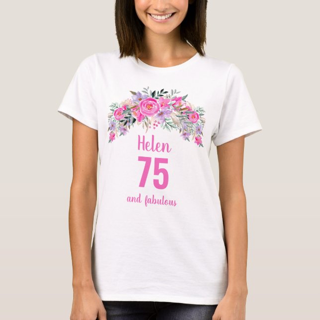 Camiseta 75.º aniversário do nome floral cor de rosa (Frente)