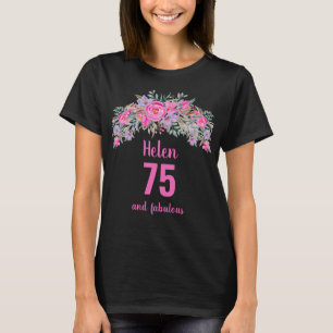 Camiseta 75.º aniversário nome floral preto rosa