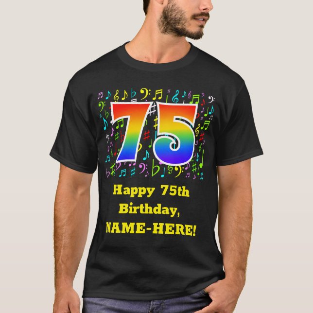 Camiseta 75.º aniversário: Símbolos de Música Coloridos, Ra (Frente)